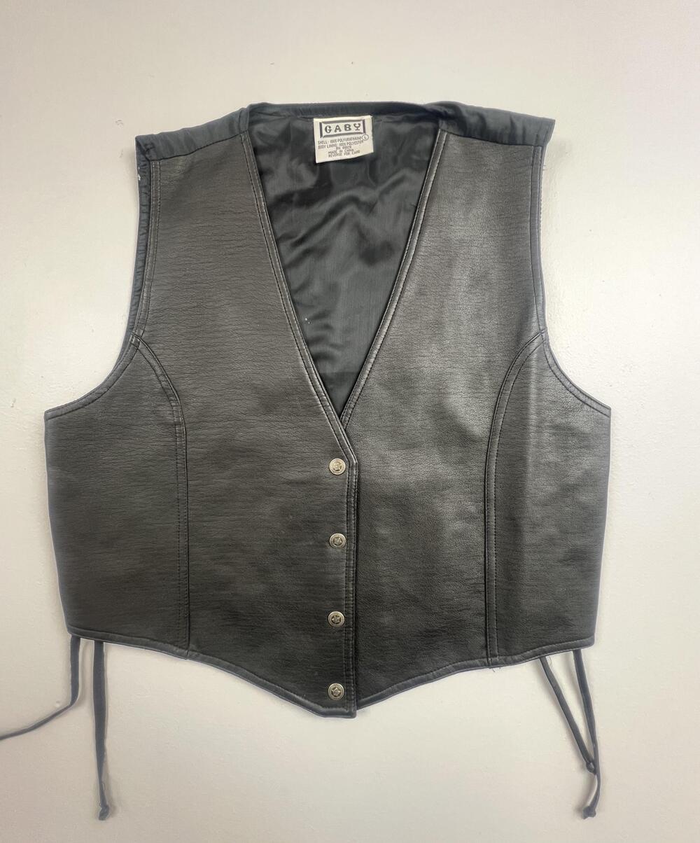 GABY Vest Mens Large Black Faux Leather Biker Snap Front Lace Lined Motorcycle